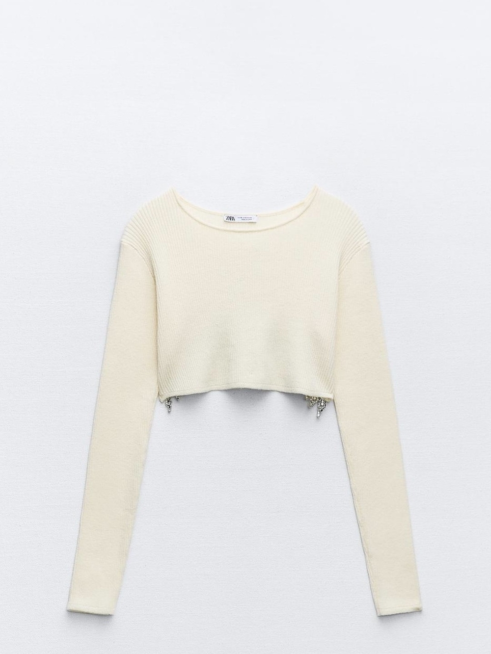 Zara Cream Cropped Ribbed Long-Sleeve Top